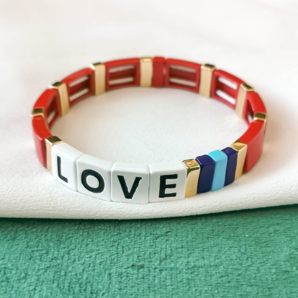 New Roxanne Assoulin Gold Enamel Stretch Bracelet - Just Say Love Red